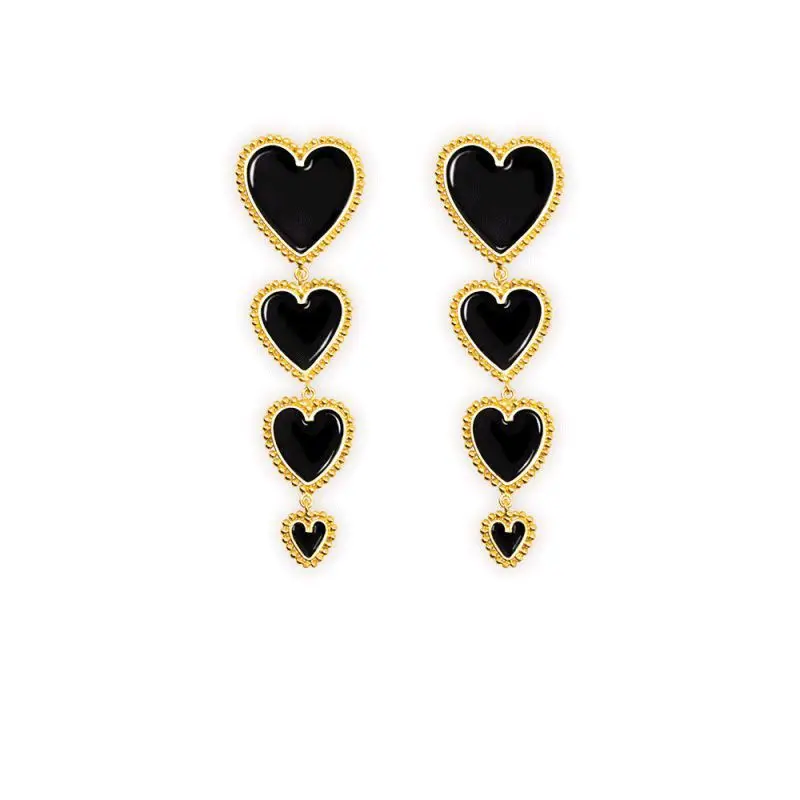 Gold Black Дизайн, модная цепочка с четырьмя сердечками, красные, белые, черные длинные висячие серьги для женщин, женские винтажные серьги, золотые серьги - Окраска металла: Gold Black