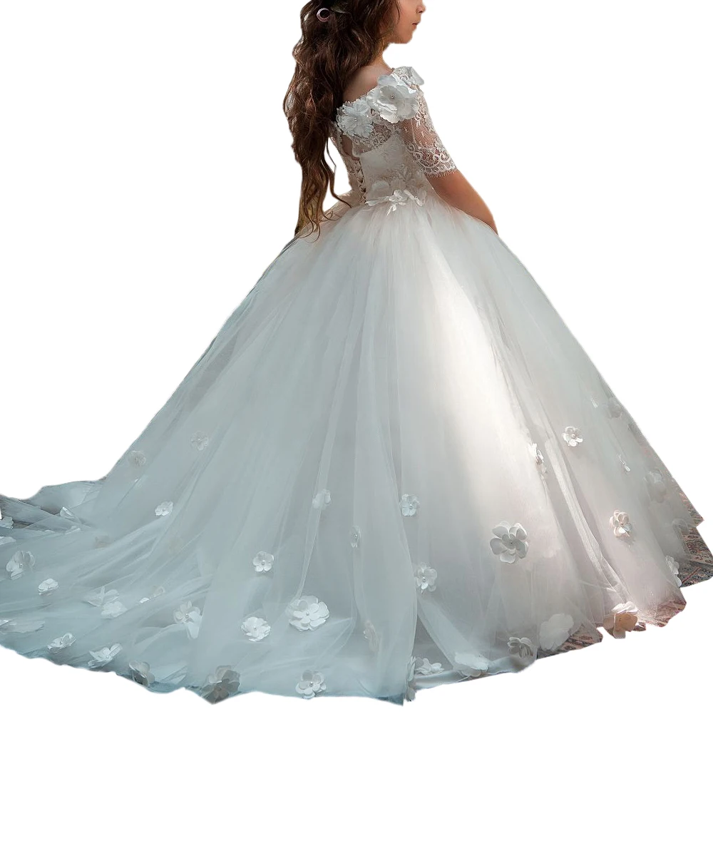 Abaowedding/платья для первого причастия для девочек; Бальные платья из тюля с короткими рукавами для детей; Длинные Кружевные Платья с цветочным узором для девочек