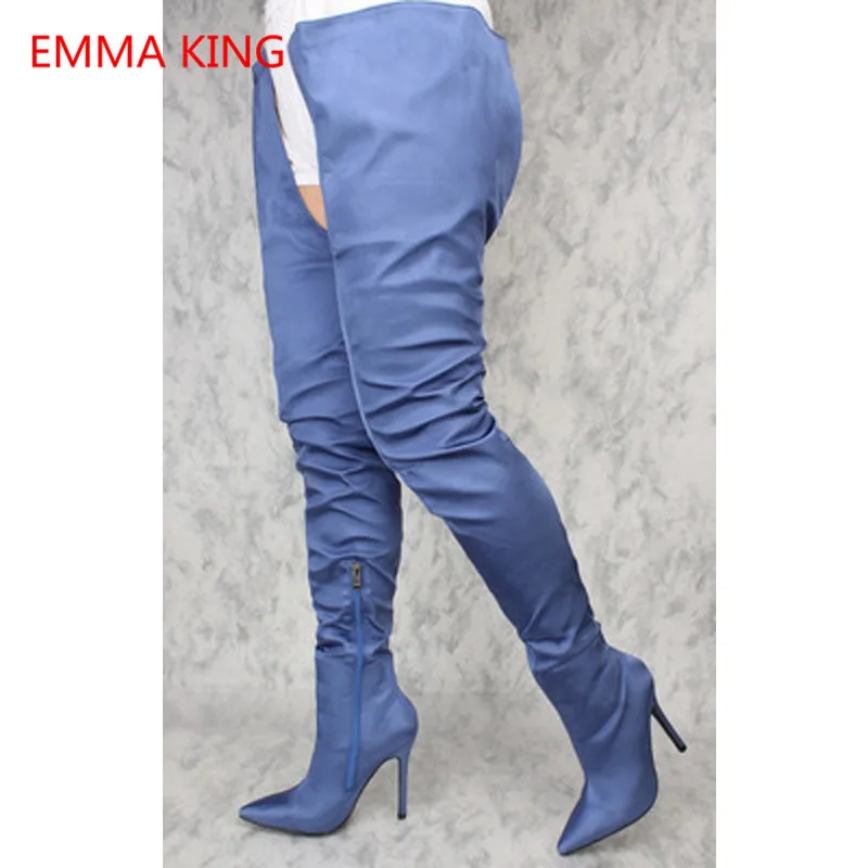 Женские джинсовые ботфорты на высоком каблуке с промежностью шпильке | Обувь