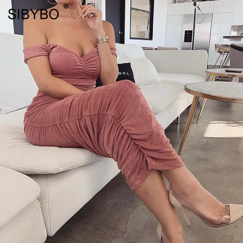 Розовый Sibybo без бретелек Плиссированное бархатное сексуальное длинное платье для женщин с открытыми плечами без рукавов летнее макси платье с открытой спиной повседневные женские платья - Цвет: Розовый