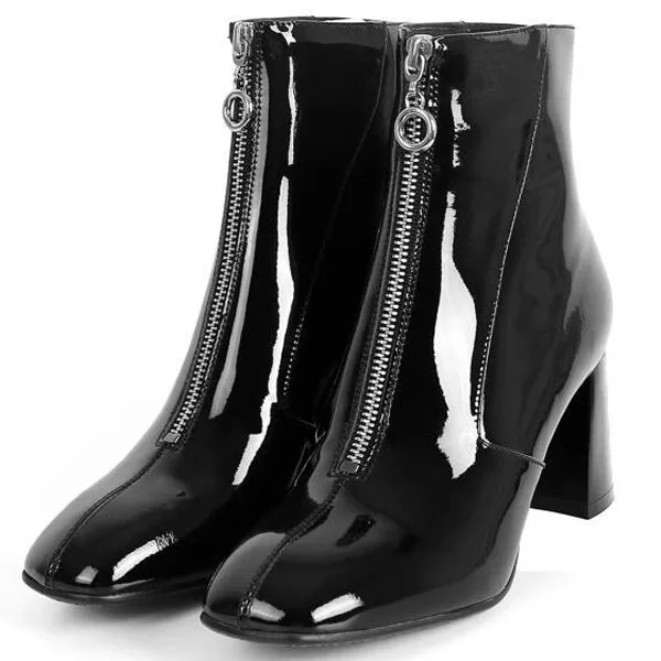 

Hot Sweet New Black Genuine Leather Ankle Shoes Square heel Square Toe Women's Shoes Zipper Women's Boots