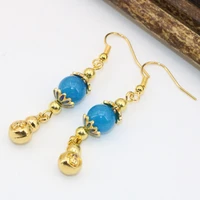 lovely new fashion elegant drop earrings gold color gourd blue jades beads ethnic style long dangle earrings for women b2623