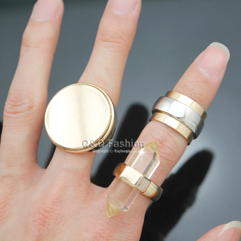 Pack of 3 Gold Clear Quartz Spike Bali Braided Stone Disc Stainless Steel Flat Stack Band Chunky Finger Ring Jewelry | Украшения и