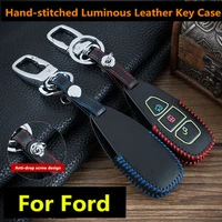 luminous keychain 3 button leather car key case fob key cover for ford focus c max mondeo kuga fiesta car key shell