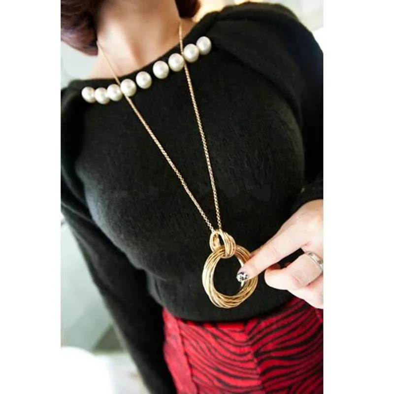 Женское ожерелье с подвеской на свитер длинное Золотистое Ожерелье круглой