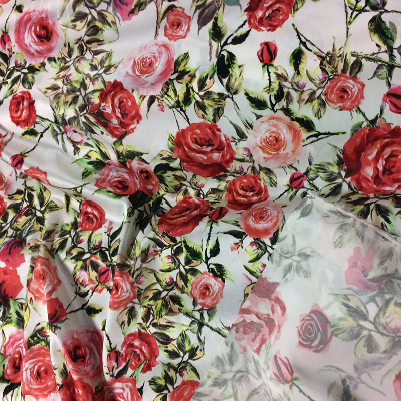 110cm wide 22mm silk &amp spandex red rose print stretch satin fabric for dress shirt clothes cheongsam C018 | Дом и сад