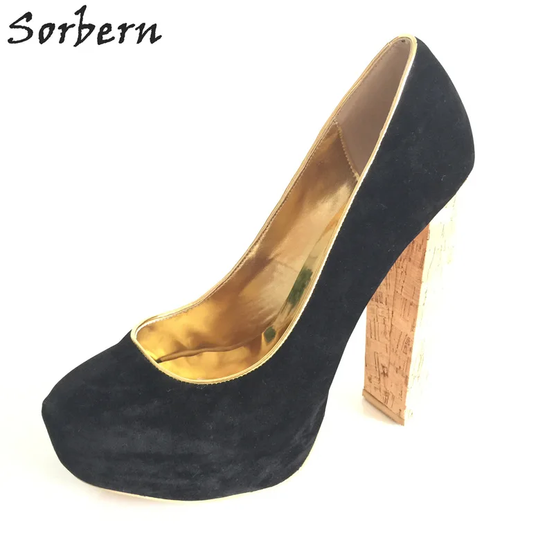 

Sorbern Black Round Toe Super High Heels Slip-On Platform Plus Size Runway Women'S Shoes Size 42 Chunky Heels Custom Colors
