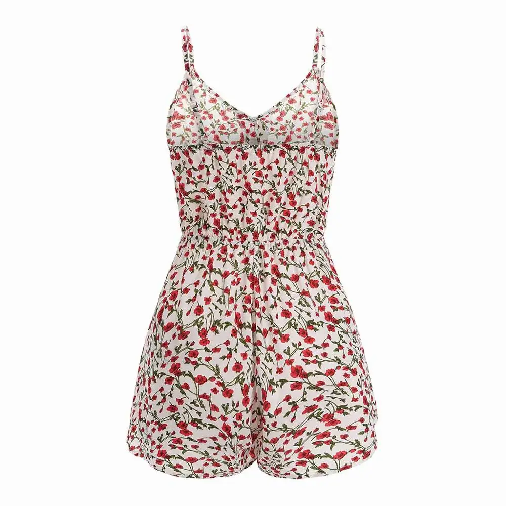 Модный женский мини комбинезон с цветочным принтом открытыми плечами из