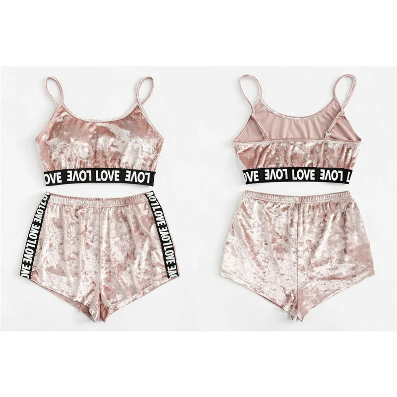 Womens 2 Piece Set Reflective Sexy Sleepwear 2019 Summer Ladies Casual Clothes Retro Sequin Letter Nightwear Cami Tops&ampShorts |