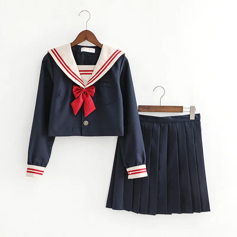 Long Sleeve Set Новое поступление, маскарадный костюм моряка, комплекты школьной формы JK, школьная форма s для девочек, темно-синий топ+ юбка+ галстук, Студенческая одежда - Цвет: Long Sleeve Set