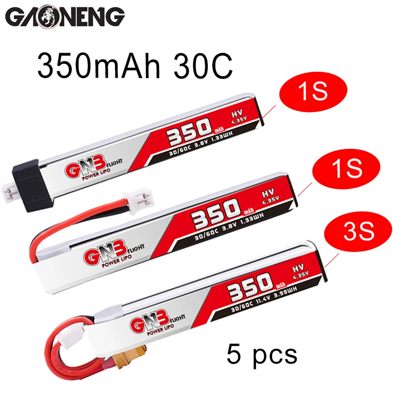 

5pcs Gaoneng GNB 1S 350mAh HV 4.35V PH2.0 Plug PK 3S 3.8V/11.4V 30C/60C Lipo Battery XT30 Plug for Beta75X RC Drone FPV Racing