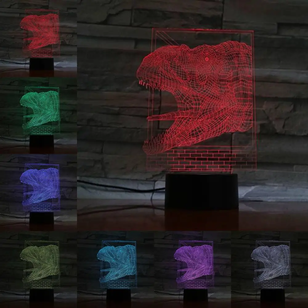 

3D лампа, иллюзия, ночная лампа, новинка, головка динозавра, лампочка, USB, RGB, разноцветные, креативные подарки для детей, игрушка для друзей, RGB