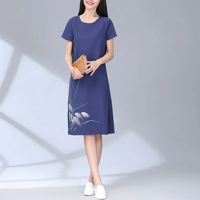 

cotton linen plus size vintage floral women casual loose midi summer dress elegant clothes 2021 ladies dresses for sundress