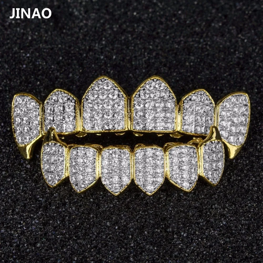 JINAO из чистого золота Цвет & посеребренные в стиле хип хоп Grillz Micro Pave CZ Золотой Клык