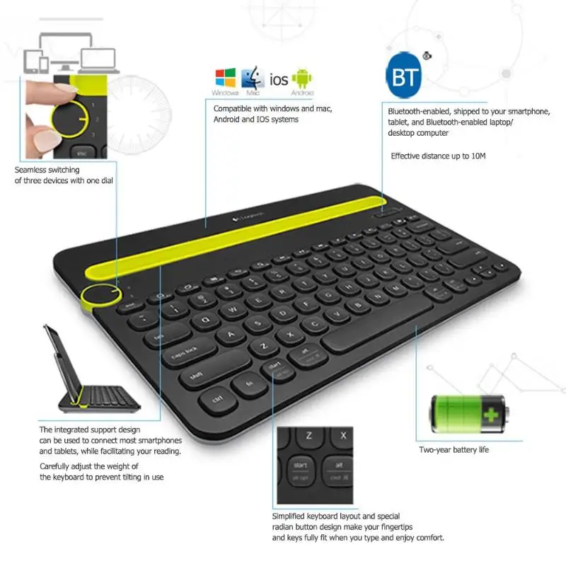 Logitech K480 Bluetooth мультиустройство портативная клавиатура с держателем для телефона слот для Windows Mac OS iOS Android смартфон/планшет