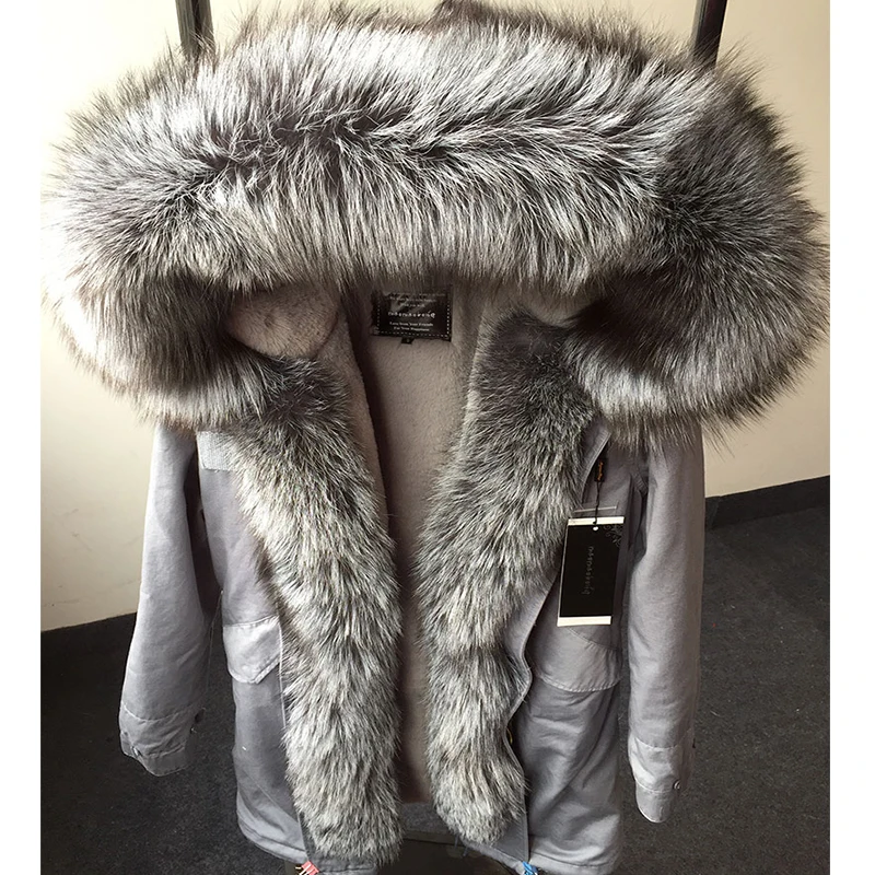 Luxury winter fur parka women long coats and jackets real silver fox collar hood placket cuff thick warm wool lined wear | Женская