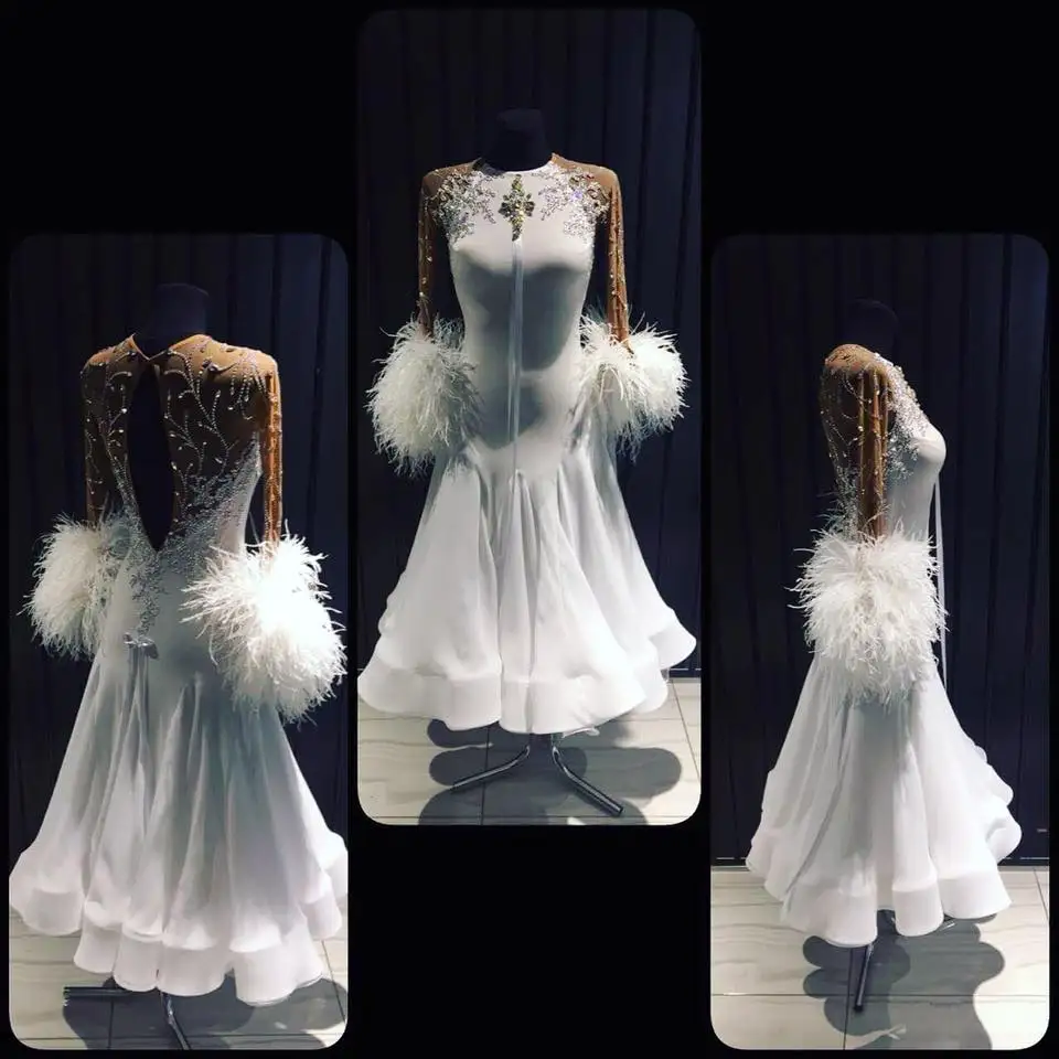 

Современный Вальс Танго бальное платье, гладкое бальное платье, стандартное бальное платье, белое перо с длинным рукавом танцевальное плат...