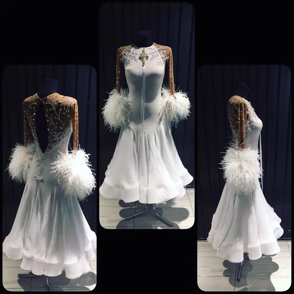 Ballroom Dance Dress Smooth Standard gown White feather long sleeve dance dress | Тематическая одежда и униформа