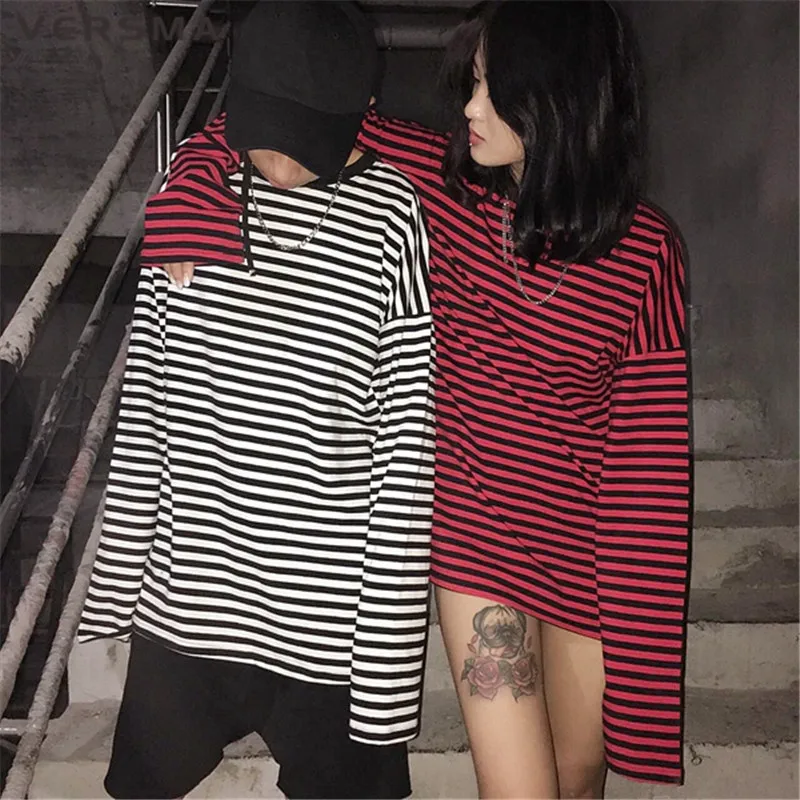 VERSMA корейский Ulzzang Harajuku GD черно-белая полосатая футболка для мужчин и женщин унисекс свободная негабаритная футболка с очень длинным рукавом для пары