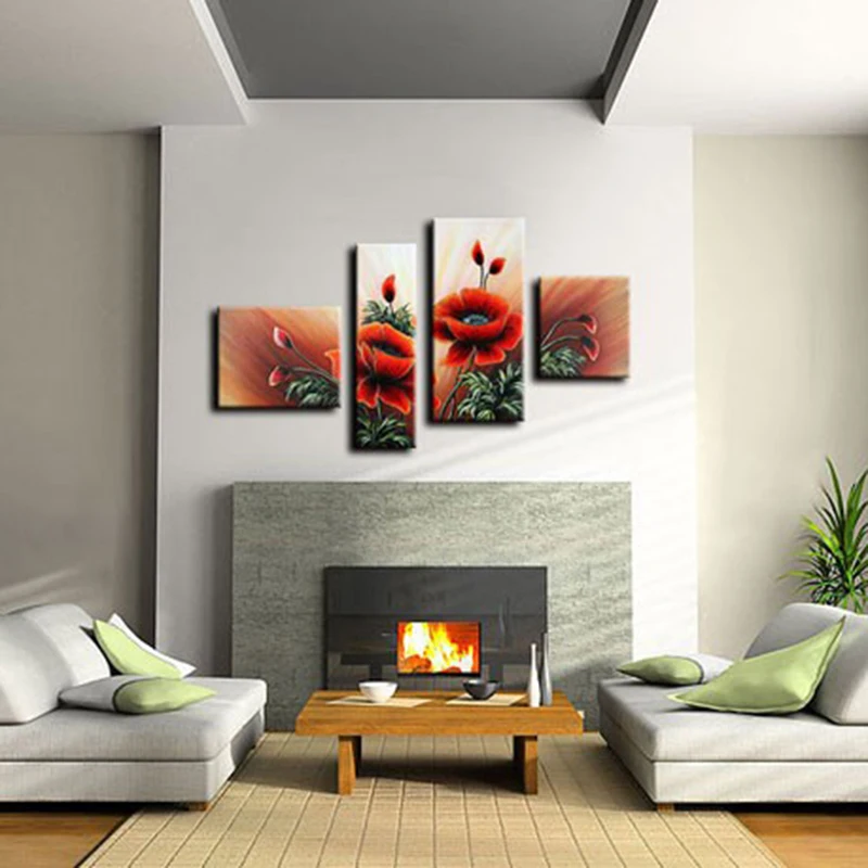 

Modern 100% Handmade Beautiful Red Flower Wall Pictures for Living Room 4 Panel Canvas Home Art Group Oil Paintings Unframed