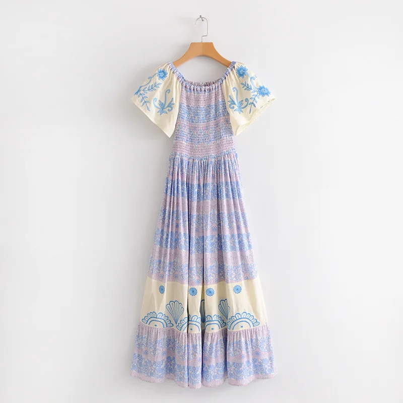 Boho с цветочным принтом пикантные с открытыми плечами платье Для женщин эластичная горловина Высокая Талия Летнее Длинное Платье Повседневное пляж vestidos mujer