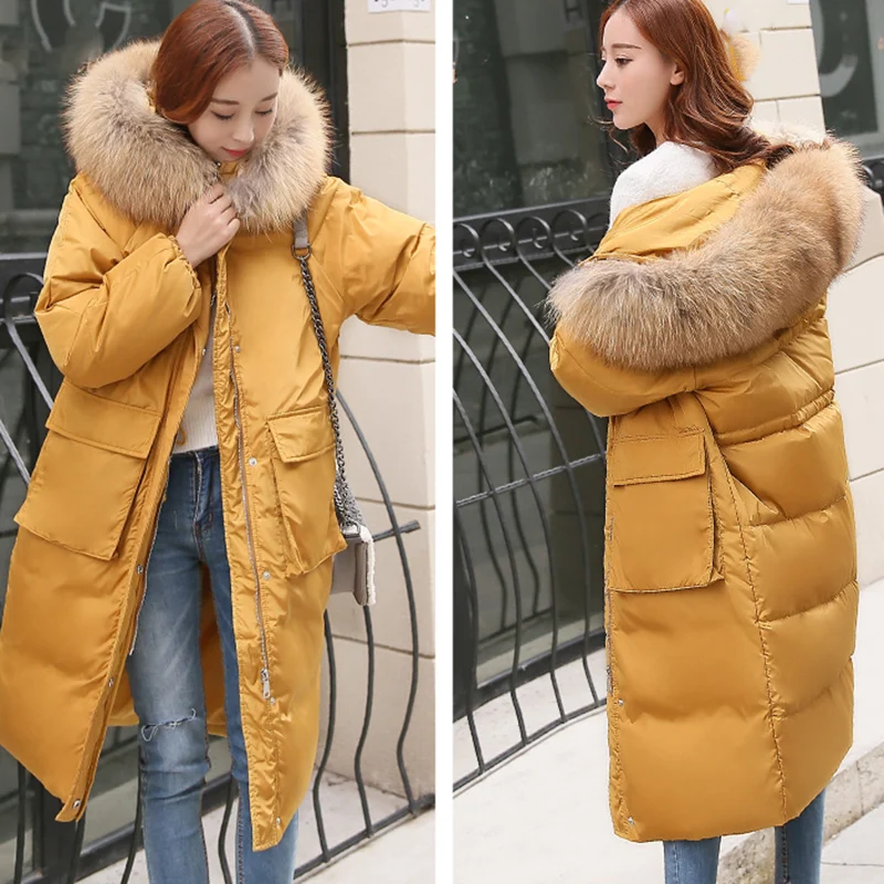

2018 new women winter coat female fur collar with a hood thermal Thick medium-long down women jacket White duck down coats
