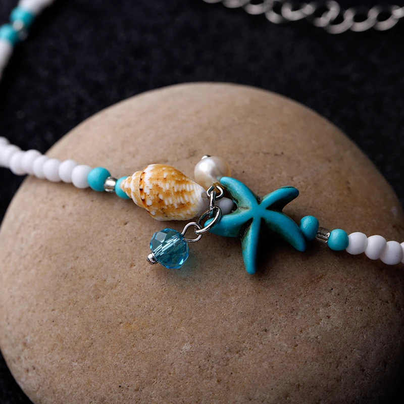 Браслет на ногу женский в богемном стиле анклеты с ракушками бусинами морскими