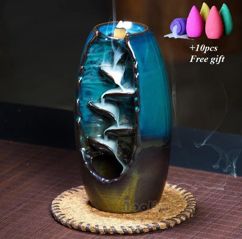 With 10pcs cones Горный речной ручной держатель для благовоний керамический обратный поток водопад Курильница держатель Рождественский подарок домашний декор - Цвет: With 10pcs cones