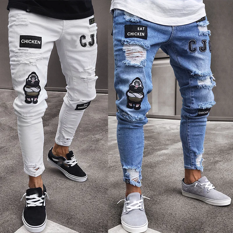 Мужские джинсы-карандаш облегающие джинсы с эффектом потертостей 2019 | Мужская