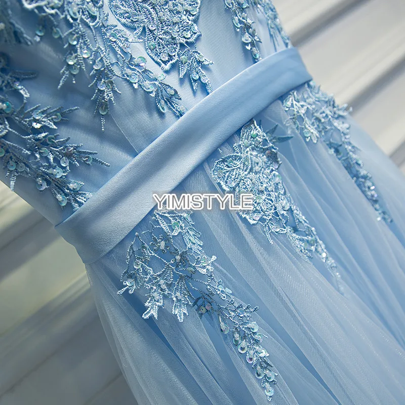 Элегантное светло синее кружевное торжественное женское вечернее платье длиной