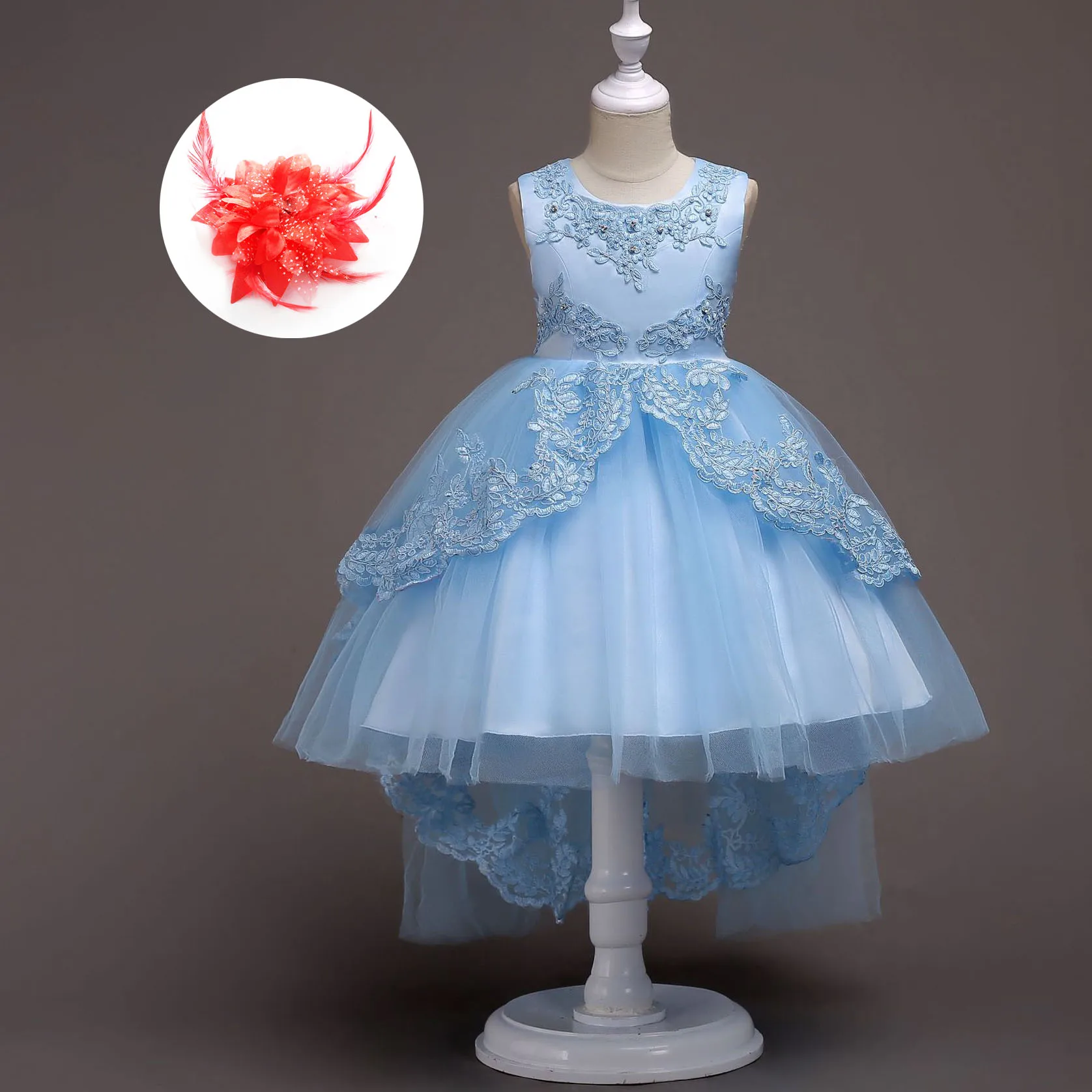 Childrens Birthday Clothing Girl Ruffle Lace Flower Girls Wedding Dress Short Front Long Back Pink Red Light Blue White | Детская одежда