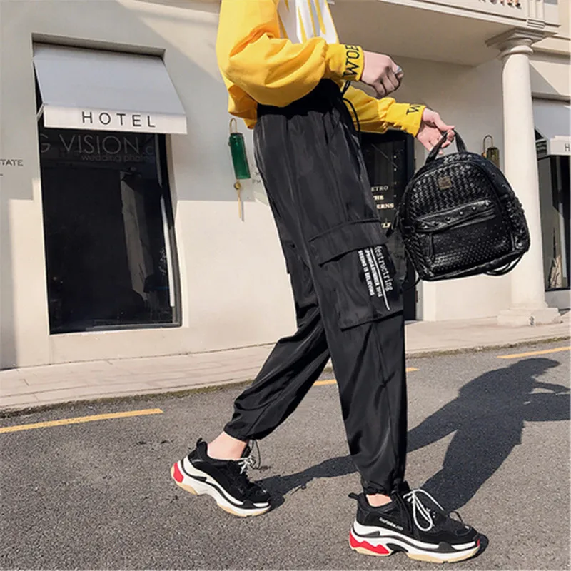 WKOUD Letter Printed Cargo Pants Women Harajuku High Waist Drawstring Streetpants Sexy Fashion Sport Trousers Streetwear P8890 | Женская