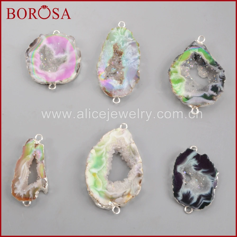 BOROSA элегантный Drusy серебряный цвет титан AB кулон Agates Druzy ломтик коннекторы