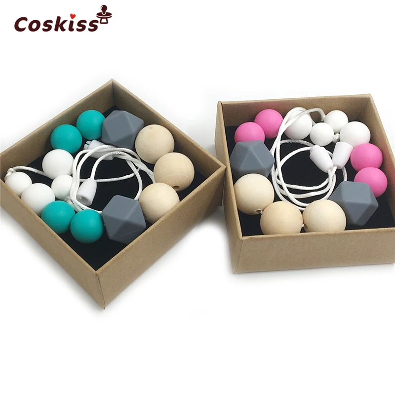 Collar de dentici&oacute;n para beb&eacute;, mordedor de silicona de grado alimenticio, cuentas de madera, seguro para la Naturaleza, collar org&aacute;nico para beb&eacute;, 2 uds.-2