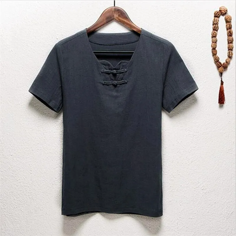 Мужская рубашка из хлопка и льна с коротким рукавом в китайском стиле|shirt classic|kung fu