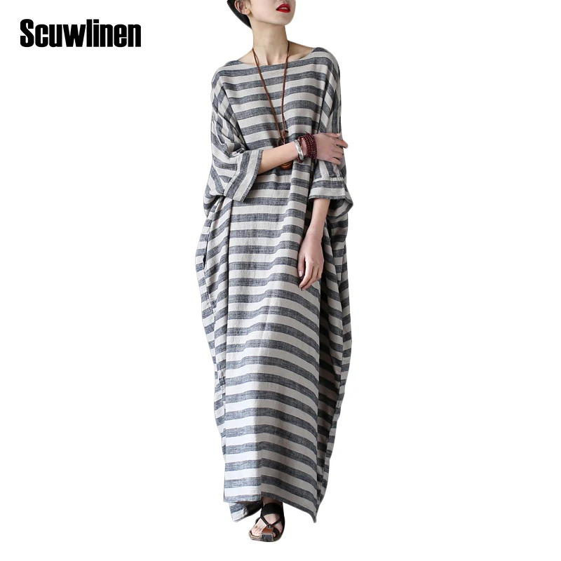 SCUWLINEN 2019 Лето Для женщин платья Винтаж в полоску с рукавами летучая мышь макси