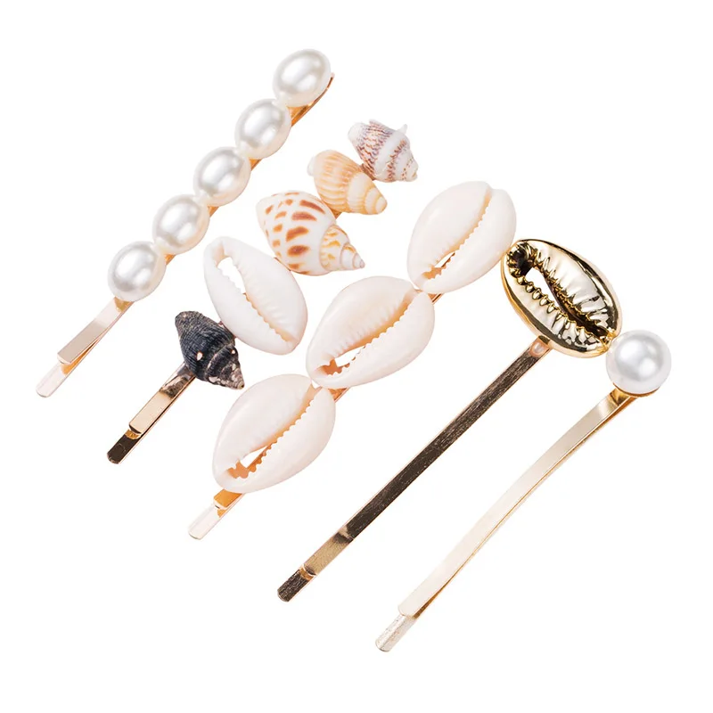 1 5pcs/set New Marine Style Metal Gold Shell Conch Pearl Hairpins Hair Clips for Women Hairgrip Beach Hair Accessories - Цвет: 1