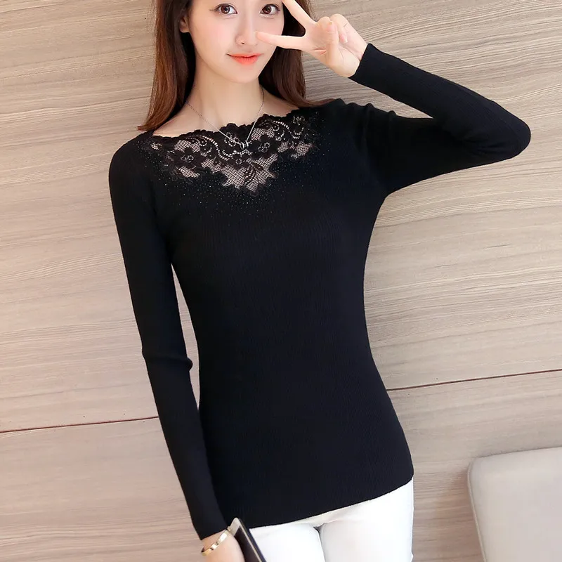 Women Pullover Sweater Mujer 2021 New Autumn Winter Casual Slash Neck Knitted Top Long Sleeve Sexy Lace Basic Sweaters | Женская одежда