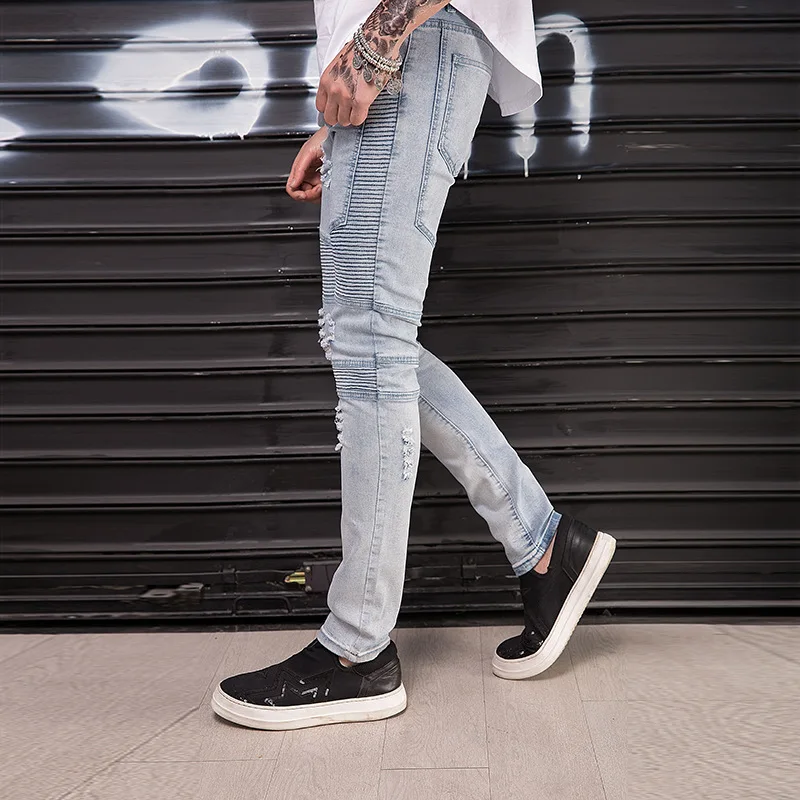 Skinny Jeans Men Vintage Denim Casual Stretch 2019 Spring Pleated Patchwork Hole Ripped Male Zipper Pencil Pants | Мужская одежда