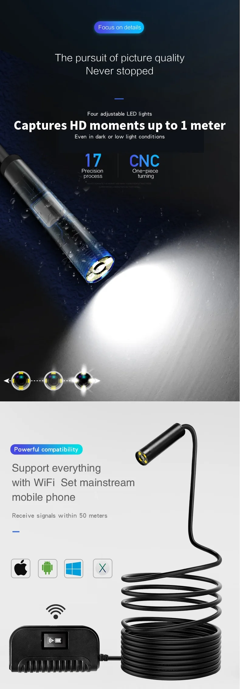 2,4G Wifi 5MP HD Автофокус бороскоп камера 2592*1944 Разрешение фото и видео Функция водостойкая бороскоп Инспекционная камера