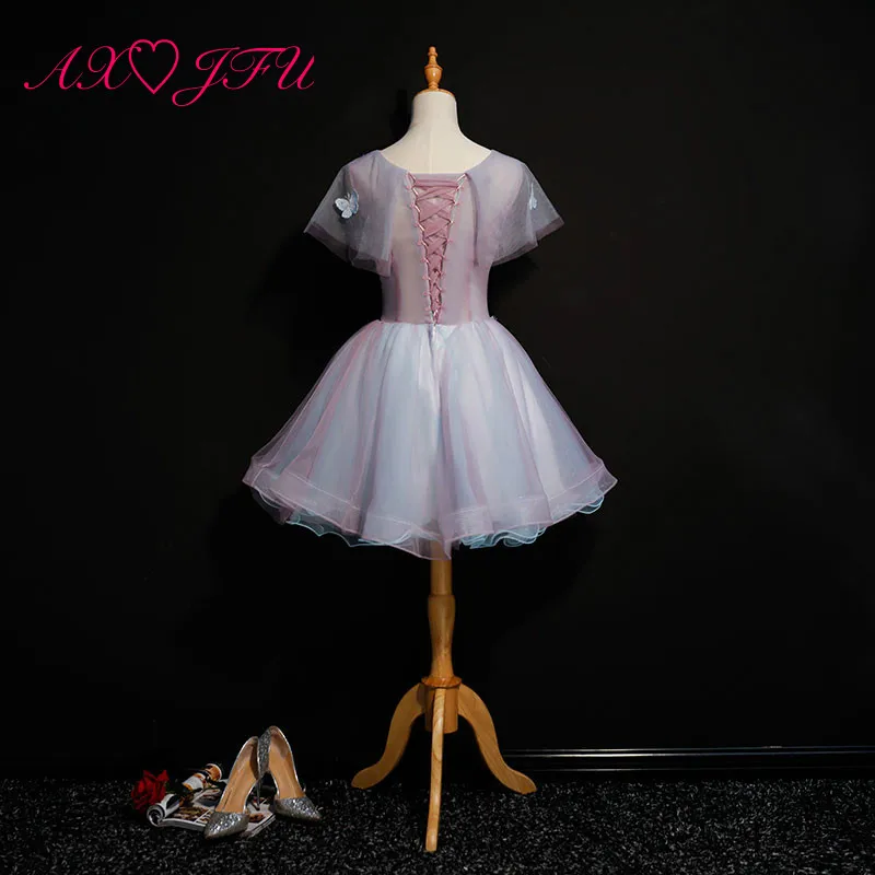 

AXJFU princess purple lace flower evening dress stage vintage illusion o neck beading butterfly host short evening dress