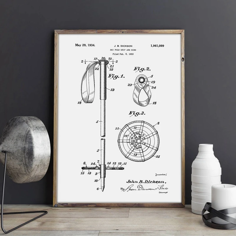 Лыжные палки патент печати зимние лыжные Wall Art Холст Картина снег Лыжный Спорт Плакаты домашний винтажный Декор план подарок спортивный идея