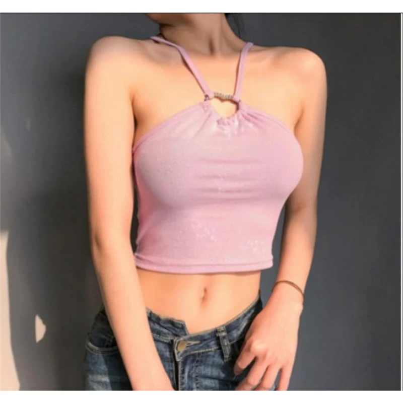 

New Fashion Women's Halter Neck Sleeveless Crop Tops Hollow Out Slim Tank Tops Ladies Casual Pink Tops Beach Party Wear Summer