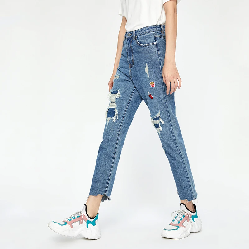 Женские рваные джинсы с вышивкой до щиколотки|Узкие джинсы| |