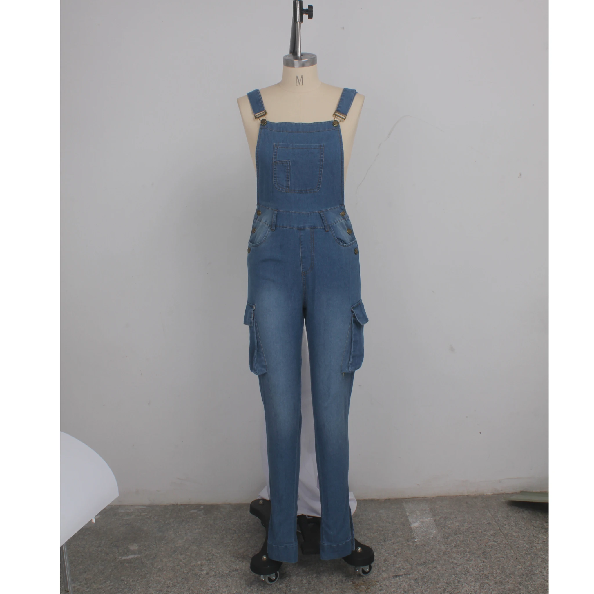 

Echoine Plus Size S-XXL Light Blue Slim Bodycon Denim Jeans Overalls Jumpsuit Women Summer Side Pocket Skinny Long Jumpsuits