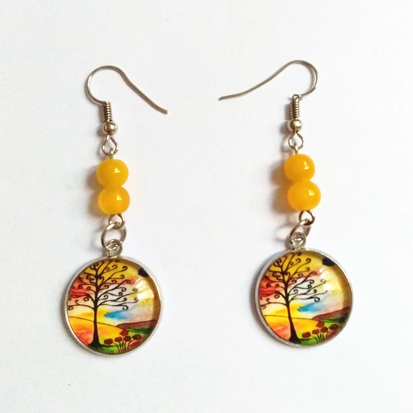 Красочные выпуклый Круглый Древо жизни серьги в виде капель с каменные бусы
