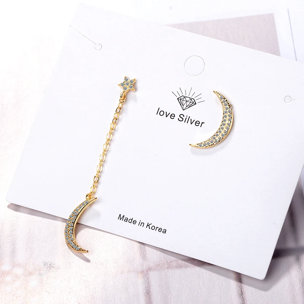 Gold Anenjery, 925 пробы, серебряные, циркониевые, звезда, луна, асимметричные серьги с кисточками для женщин, S-E734 - Окраска металла: Gold