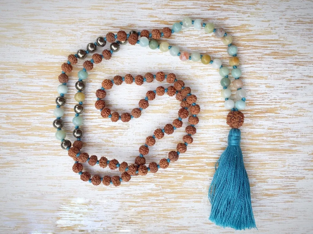 108 Mala бусы Амазонит Rudraksha ожерелье s молитва кисточкой ручной работы Пирит |
