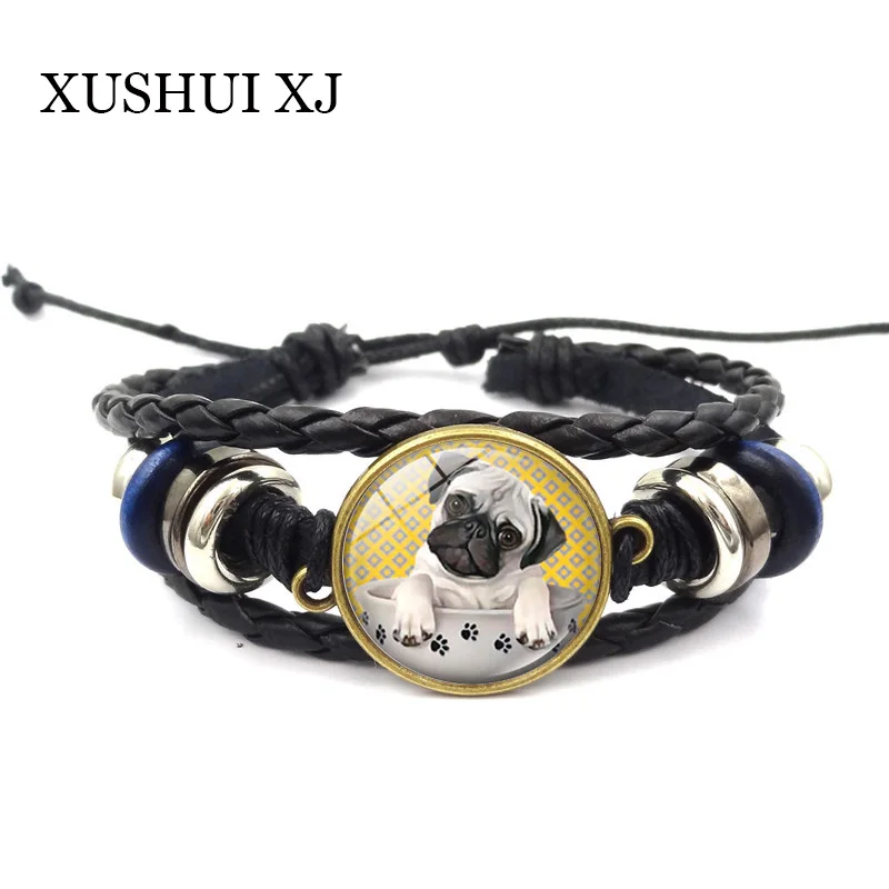 XUSHUI XJ винтажный черный кожаный браслет Мопсы в чайной чашке собака стекло