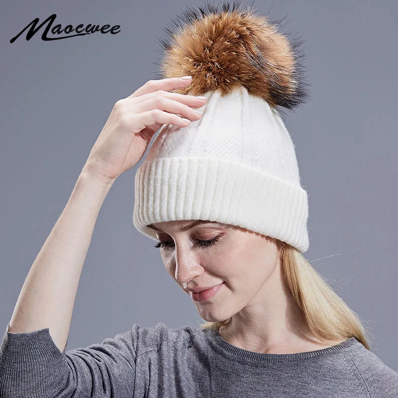 

Knitted Wool Real Natural Raccoon Fur Pompon Ski Hat Female Winter Braid Cap Headgear For Women Skullies Beanies